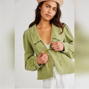 Free People Katrina Bed Jacket Khaki Moss Green Cotton Tie Front Size Small